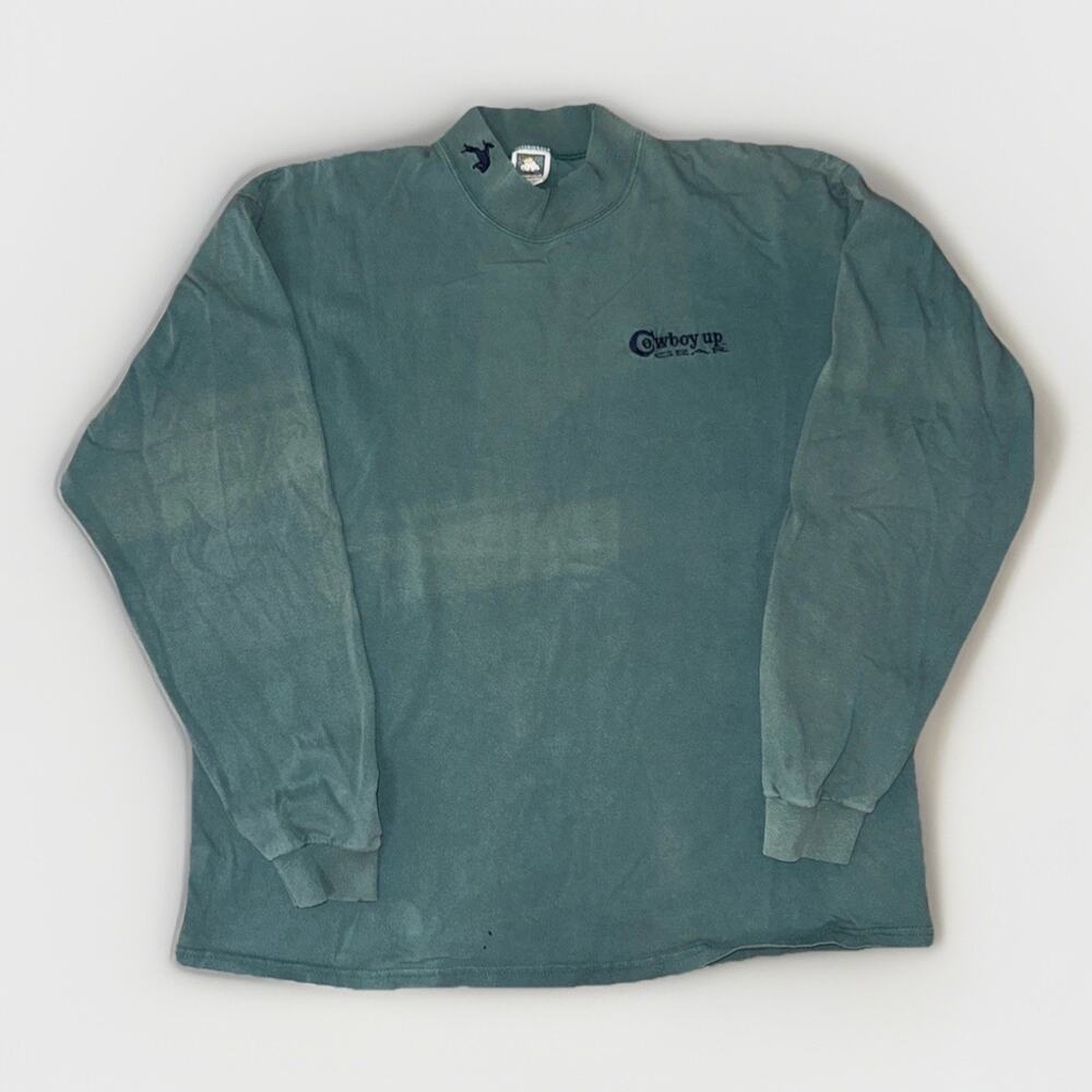 Vintage Cowboy Gear Mock Neck Long Sleeve Shirt Teal XL 23x28
